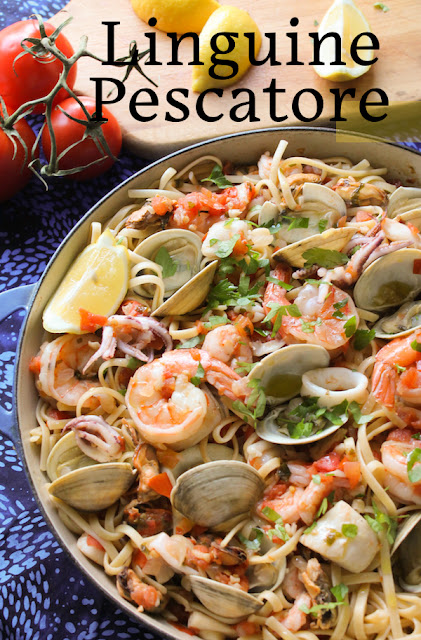 Food Lust People Love: Linguine Pecatore or fisherman’s linguine features shrimp, squid, scallops, clams and mussels in a fresh tomato sauce tossed with pasta. This delicious main course is as fragrant as it is delicious. Squeeze on a little lemon juice for a bright, flavorful mouthful
