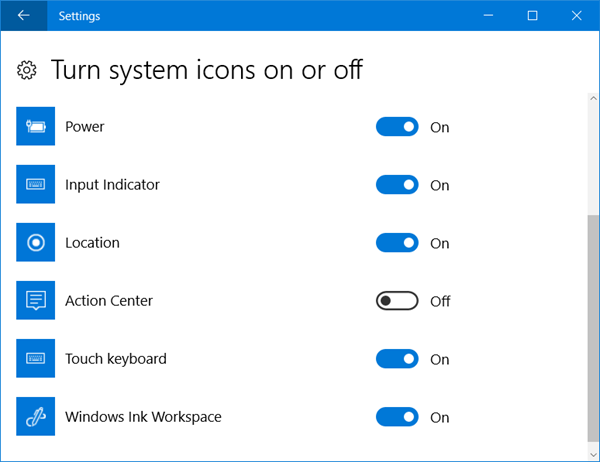 タスクバーのアクションセンターアイコンを非表示にする