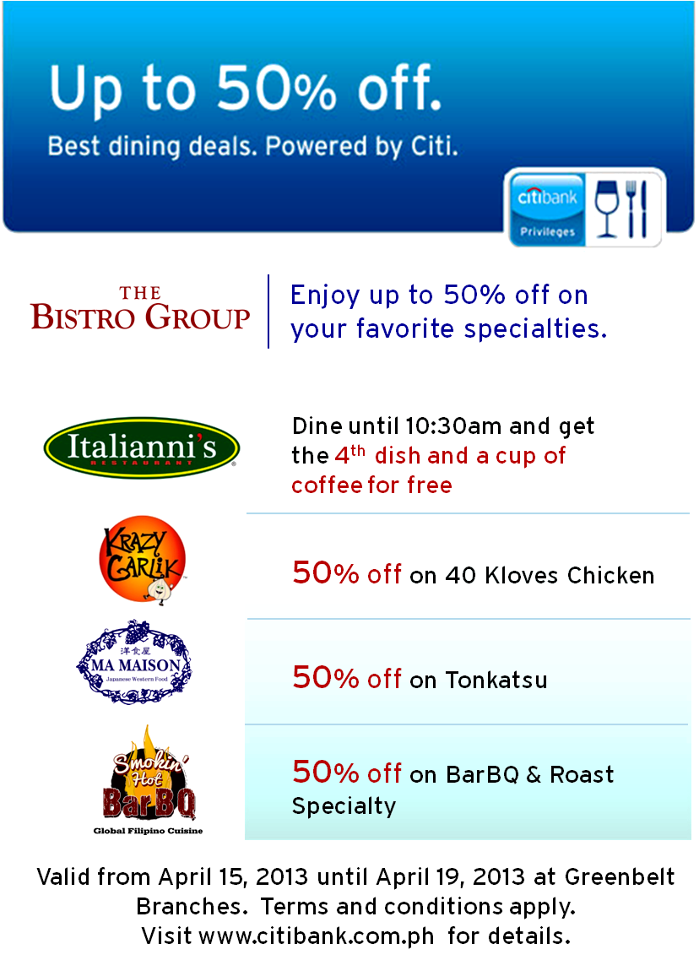 Manila Life The Bistro Group up to 50 off with your Citibank credit