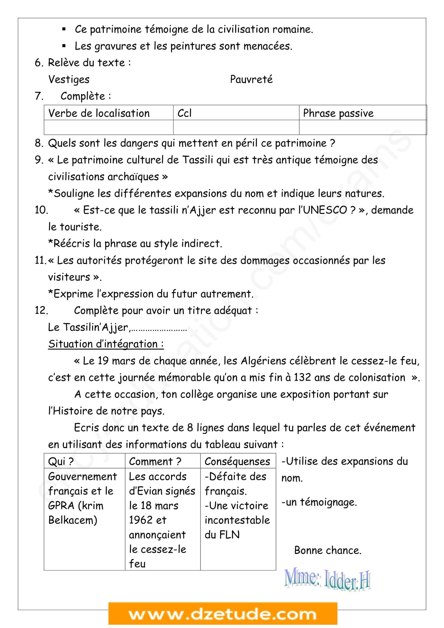 إختبار اللغة الفرنسية الفصل الثاني للسنة الثالثة متوسط - الجيل الثاني نموذج 10