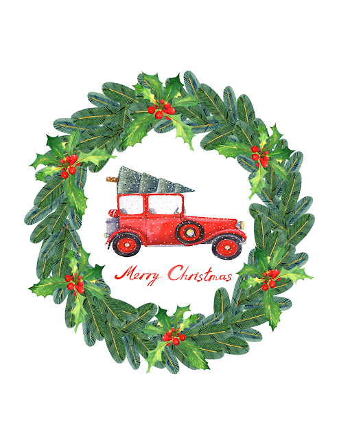 holly wreath red berries red jalopy Christmas tree