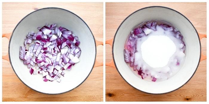 Making Rhubarb Chutney - Step 1 - red onion and sugar in a pot