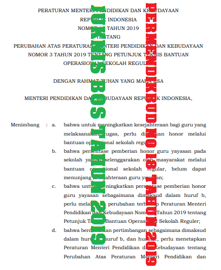 Permendikbud Nomor 18 Tahun 2019 ttg Juknis BOS SD SMP SMA SMK 2019