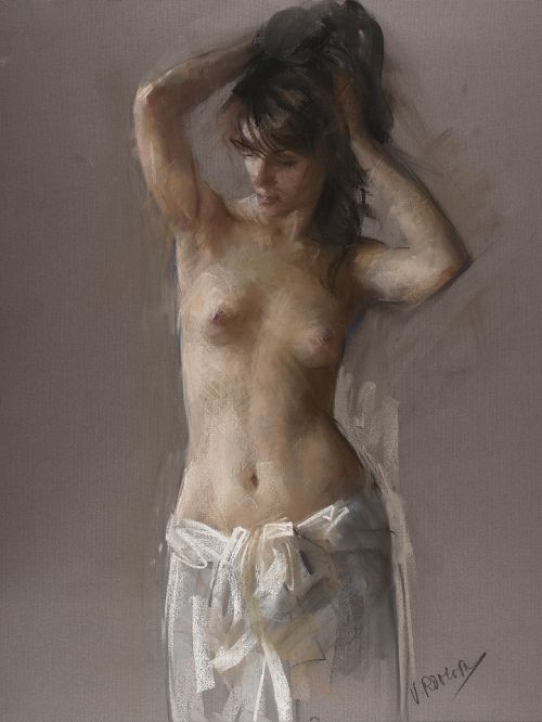 Vicente Romero pinturas mulheres impressionistas seminuas peladas Enrolada numa toalha na cintura e mostrando os lindos e apetitosos seios
