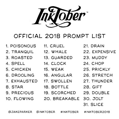 Print-friendly version of Jake Parker's Inktober 2018 list.