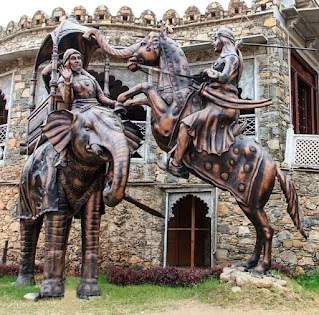 Maharana-Pratap-attacking-Man-Singh-statue Statue-of-Maharana-Pratap-attacking-Man-Singh-at-Haldighati-Museum