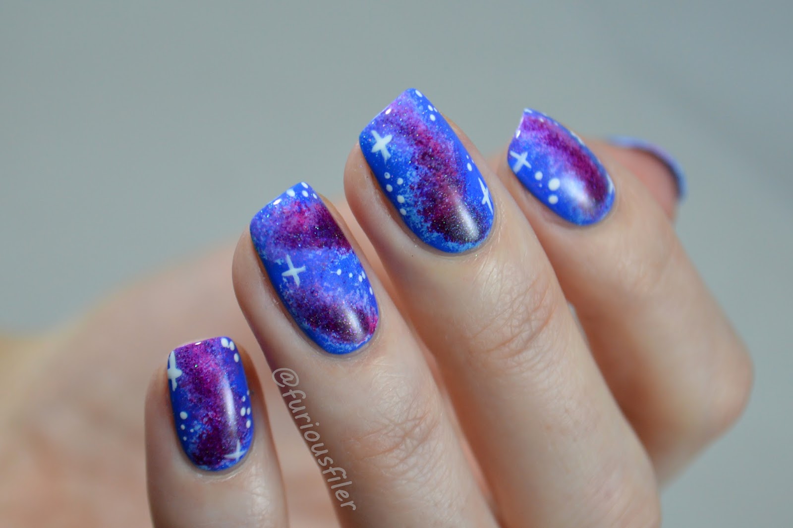 6. Pink and Purple Galaxy Nail Art with Rhinestones - wide 3