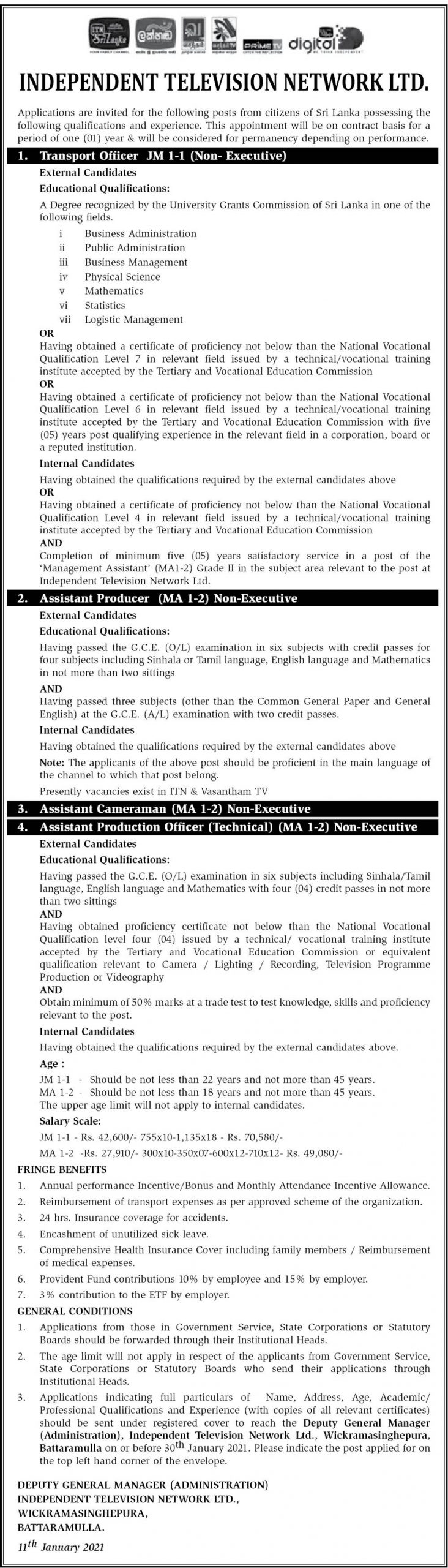 Job Vacancies Sri Lanka Transport Officer, Assistant Producer