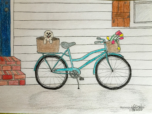 homespun by laura daily doodle colored pencil sketch vintage beach cruiser bike