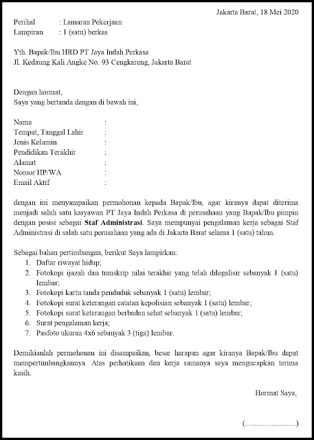 Contoh 1 - Surat Lamaran Pekerjaan Untuk Staf Administrasi (Experienced) Contoh Surat Lamaran Pekerjaan Untuk Staf Administrasi (Fresh Graduate Dan Experienced)