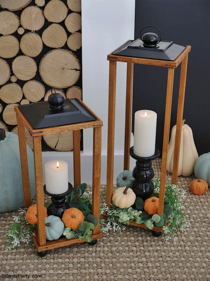 Easy DIY Modern Farmhouse Wood Lanterns - quick and easy to make high-end large lanterns made on a budget. Ideal to decorate your home for any season! by BirdsParty.com  @BirdsParty #diy #homedecor #farmhouse #farmhousedecor #farmhouselanterns #modernfarmhouse #diylanterns #woodlanterns #magnoliahome #diyhomedecor