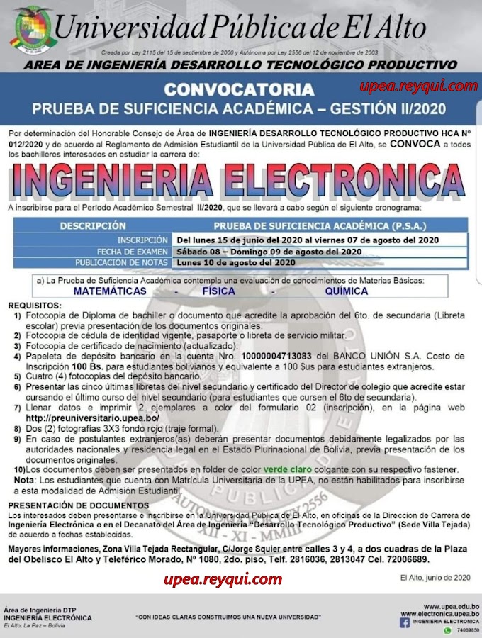 Ingeniería Electrónica UPEA II/2020: Convocatoria a la Prueba de Suficiencia Académica