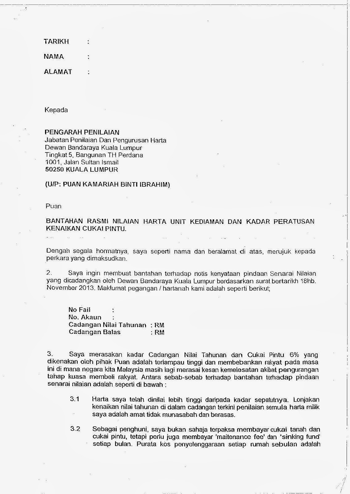 Contoh Surat Rayuan Pengurangan Bayaran Cukai Tanah