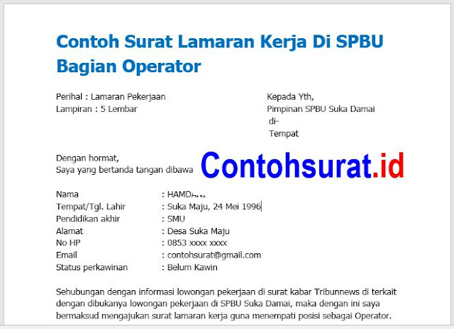 Contoh Surat Lamaran Kerja Di SPBU Bagian Operator Contoh Surat Lamaran Kerja Di SPBU Bagian Operator