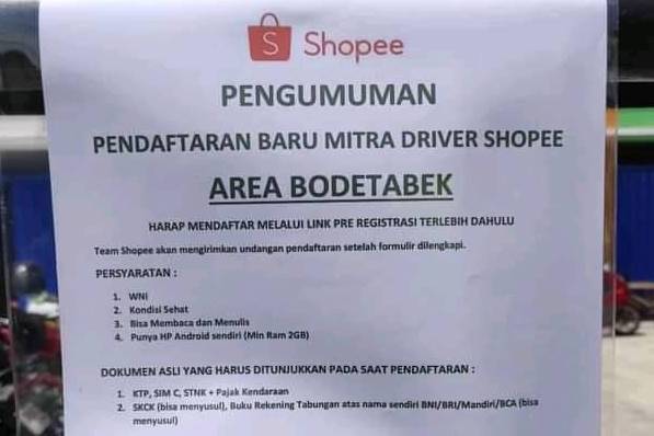 Lowongan Kerja Mitra Driver Shopee Area Bodetabek