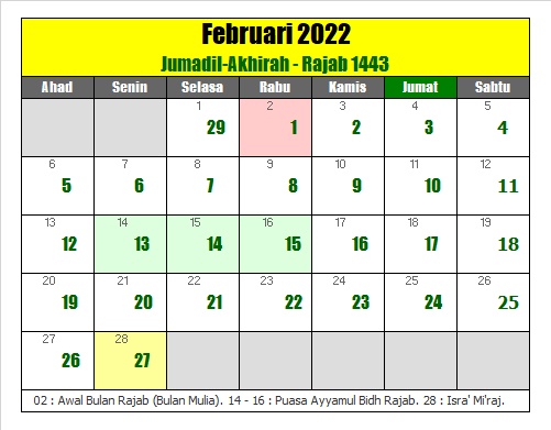 Kalender februari 2022 lengkap dengan hijriyah