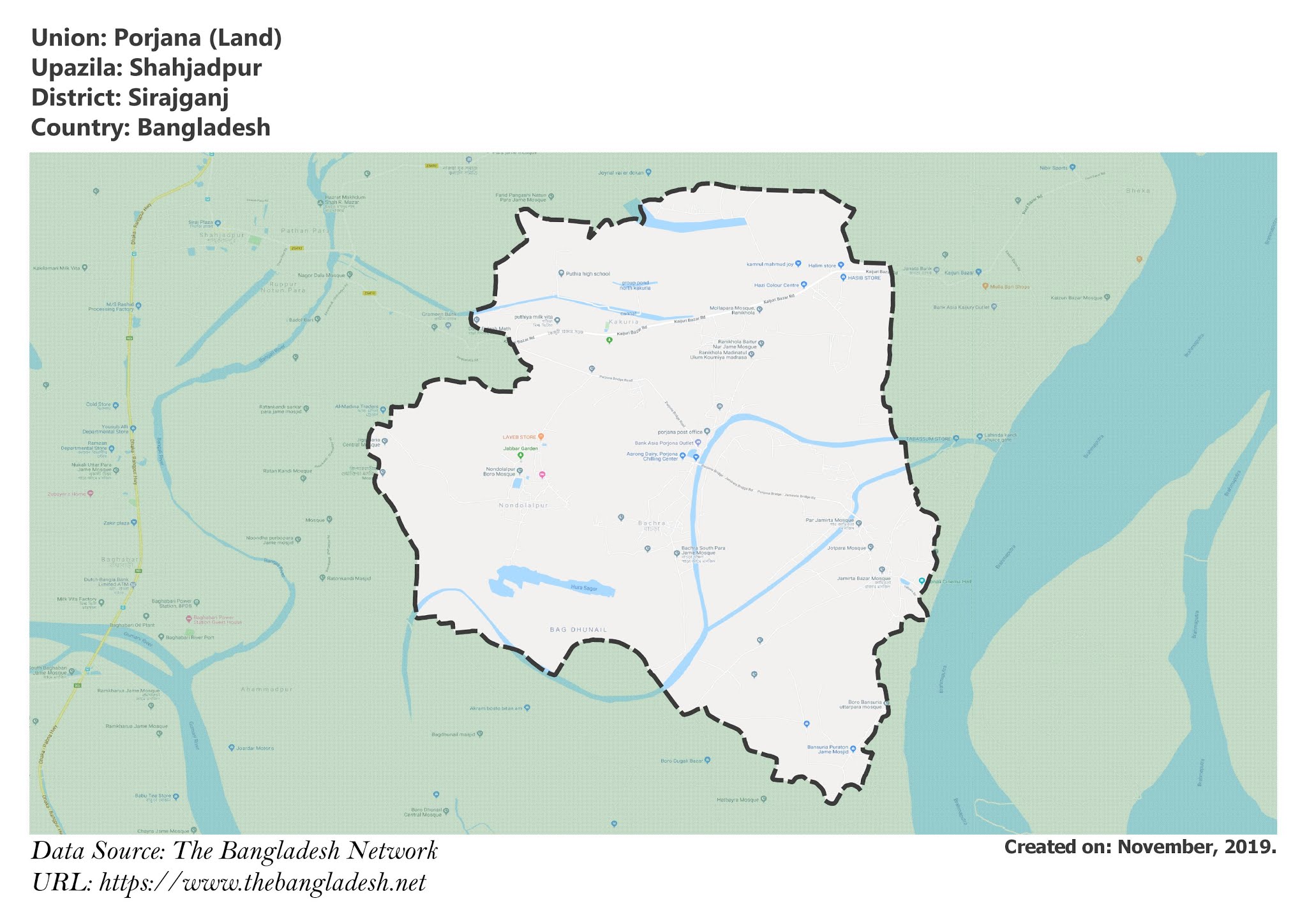 Map of Porjana of Sirajganj, Bangladesh.