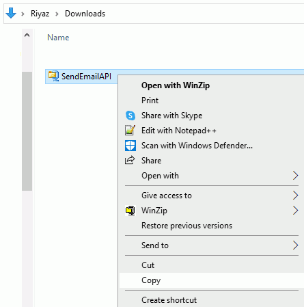 Copy the zip project file from the folder path to the download