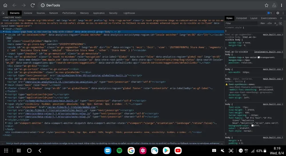 Tampilan Developer Tools di Tab Android