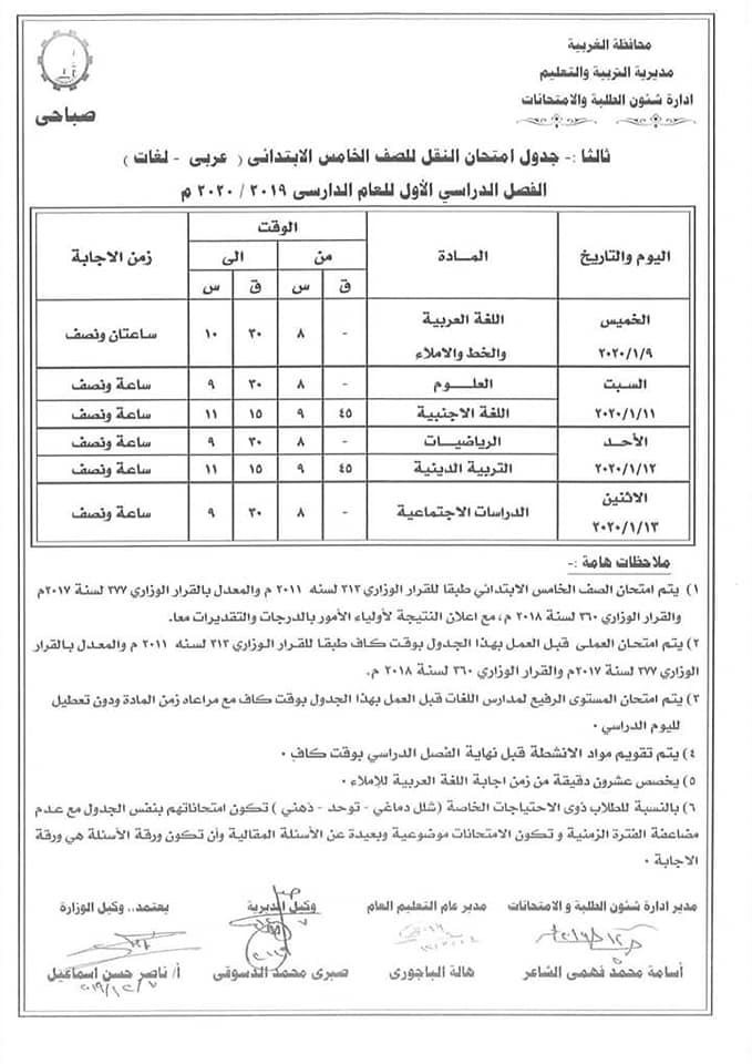 جداول امتحانات الترم الأول 2020 لمحافظة الغربية 6