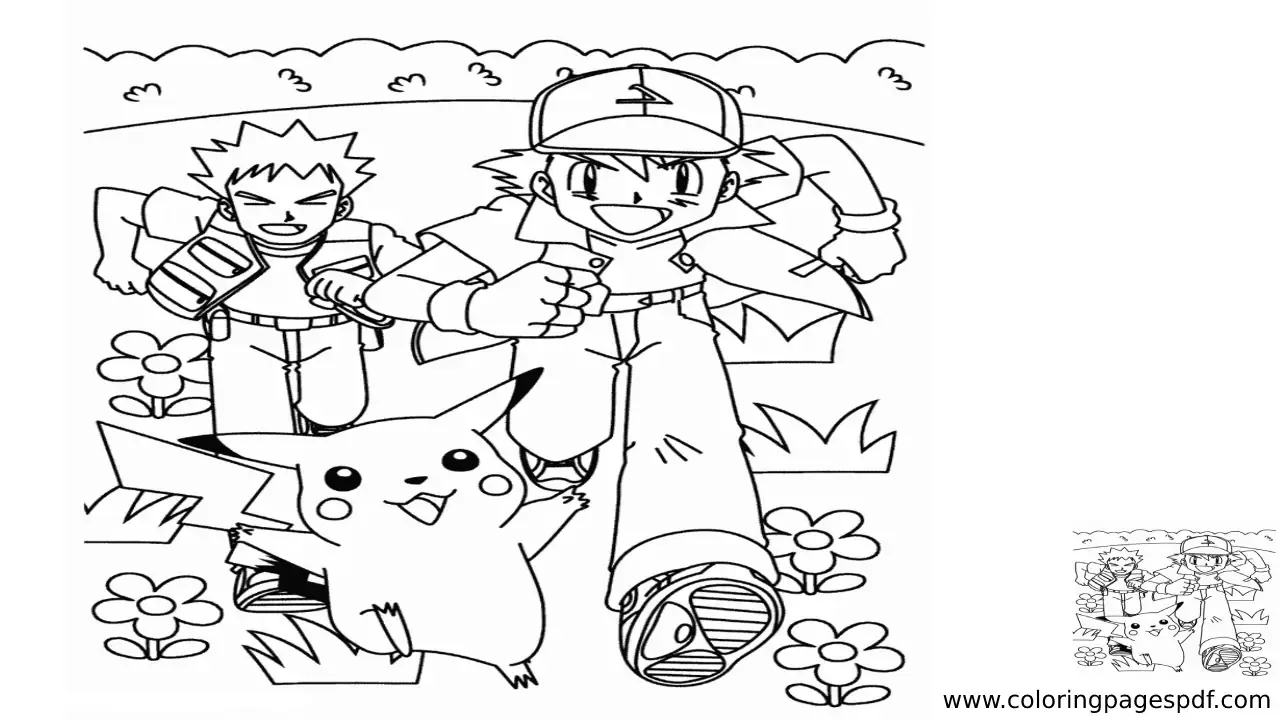 Coloring Page Of Ash, Brook, And Pikachu Running