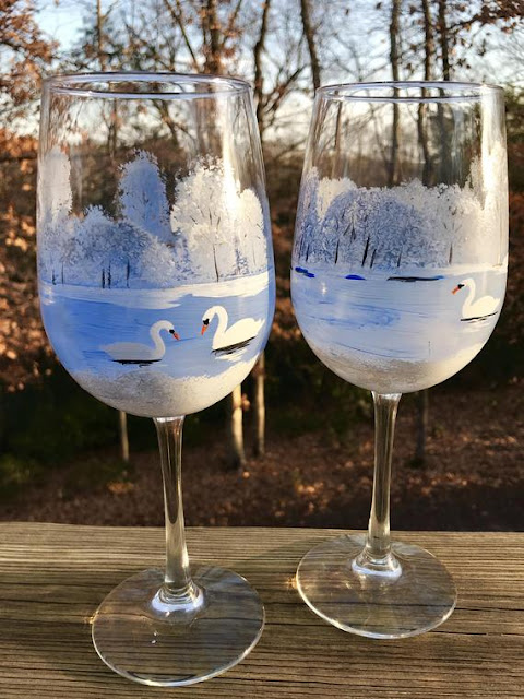 Hand Painted Wine Glasses Winter Scene