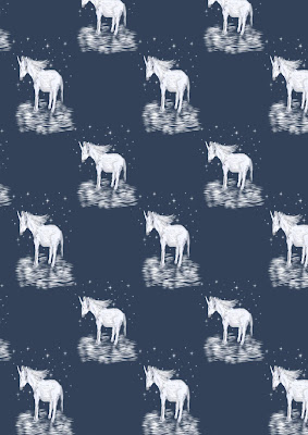 Free unicorn background, featuring white unicorns, stars and shimmers on a dark navy blue background.