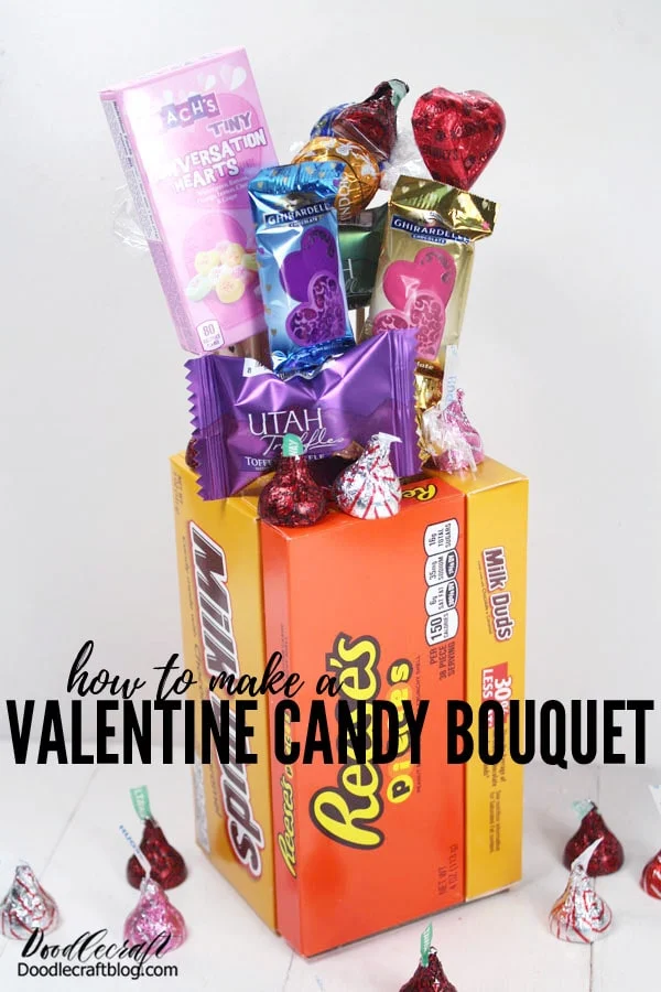 Valentine's day can be such a fun holiday if you are excited about love, friendship or romance. I love giving gifts to my friends and neighbors just to help pull people out of the Winter blues. I don't get overly wrapped up in the romance of the holiday...just keep it fun!  This cute candy bouquet is the perfect gift to make for friends or lovers. It's fun and easy! It's better than flowers because---CANDY!  How do you like to celebrate Valentine's day? Do you have a party, invite friends over, eat ice cream and binge watch rom-coms or have a fancy date--red dress and all?