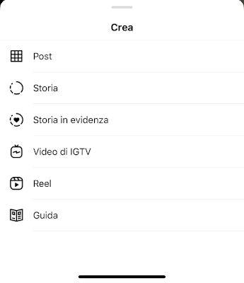 Instagram menù  creazione Post, Stories, Reel ecc..