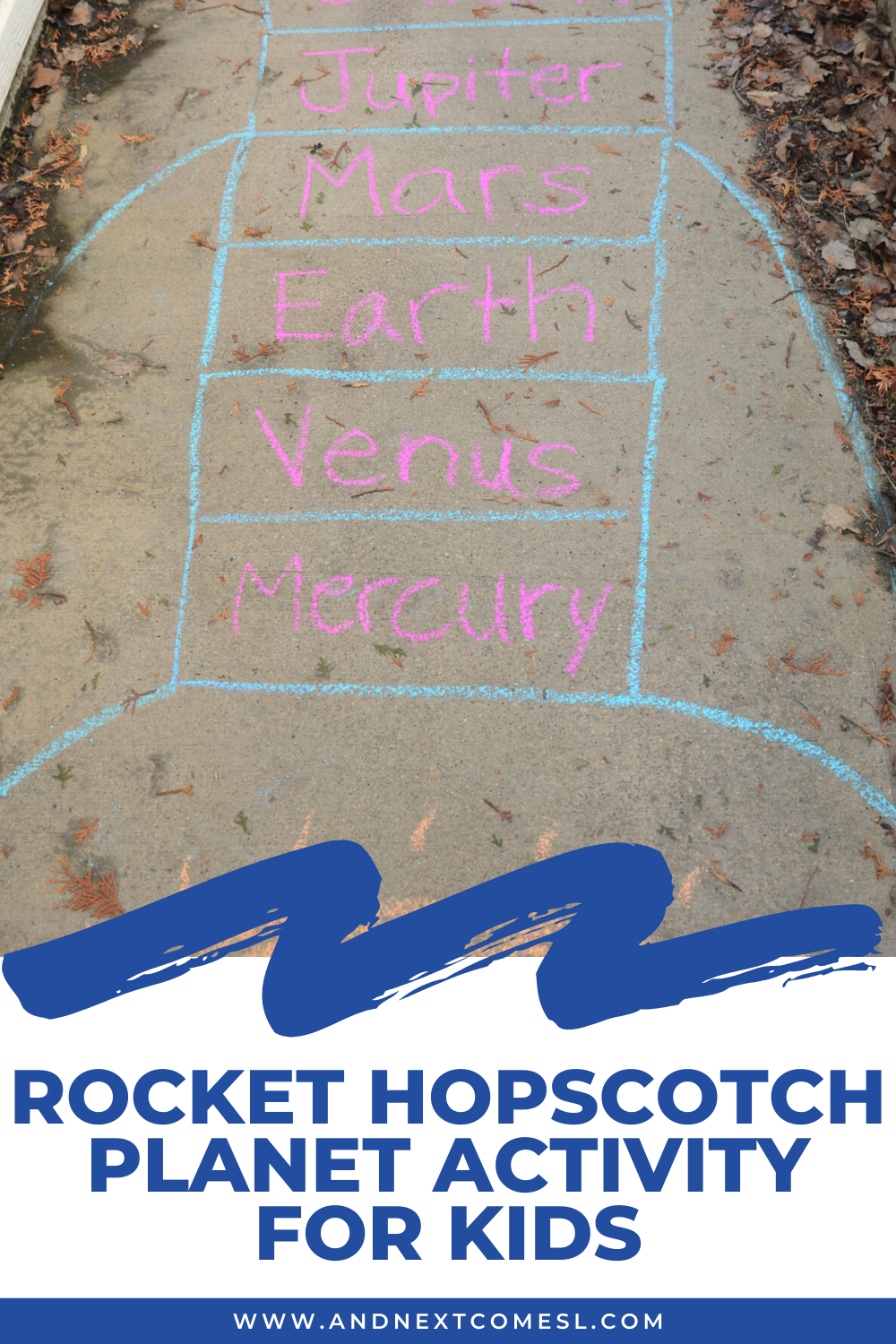 Rocket hopscotch planet activity for kids - a great way to get kids moving while learning about the order of the planets in our solar system
