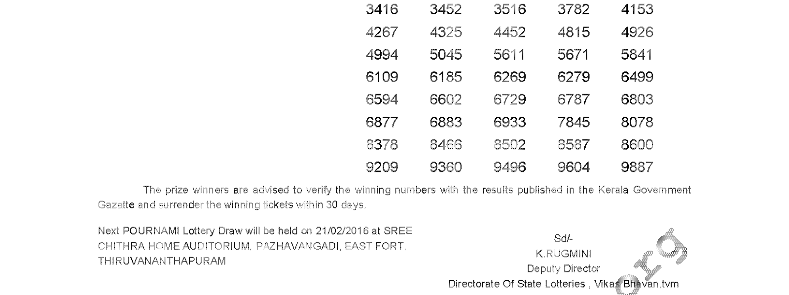 POURNAMI Lottery RN 224 Result 14-02-2016
