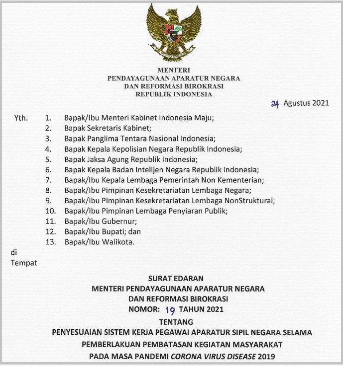 Surat Edaran (SE) Menteri PANRB Nomor 19 Tahun 2021 tentang Penyesuaian