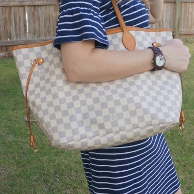 navy stripe shift dress target with Louis Vuitton MM damier azur neverfull on shoulder | away from the blue