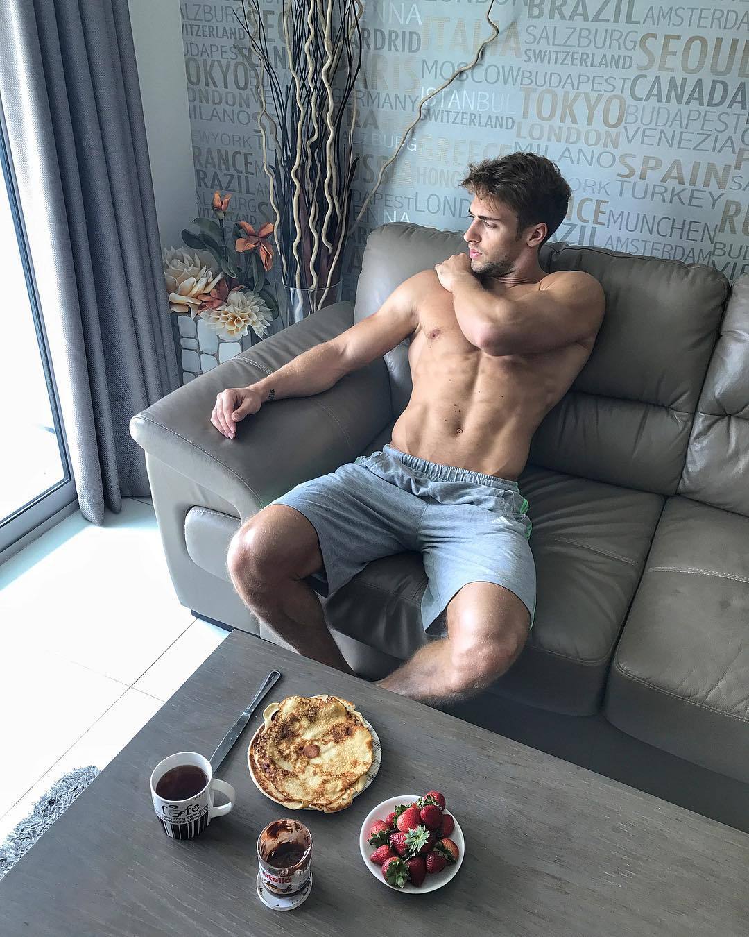 cute-young-shirtless-fit-male-model-dima-zinchenko-food-european-pancakes