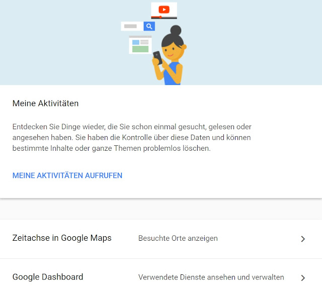 Abbildung der Google-Aktivitäten im Mein Konto-Dashboard
