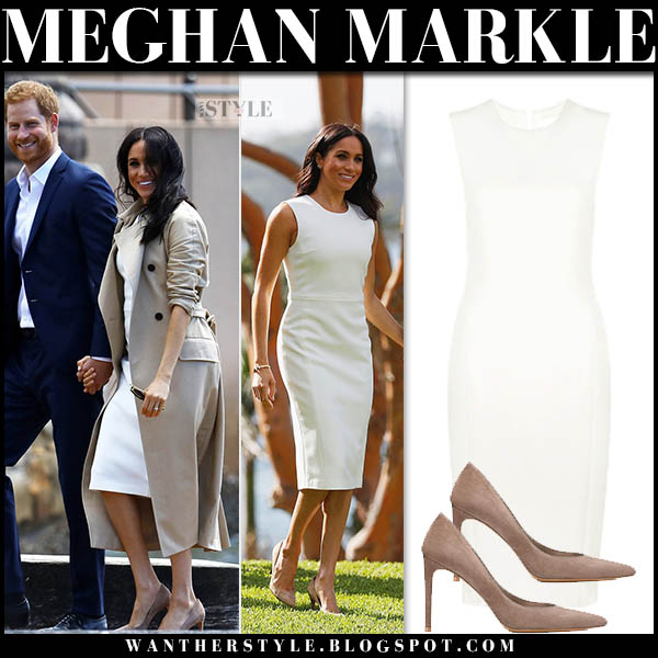 Meghan Markle in beige trench coat and white pencil dress in Sydney on October 15 I want her