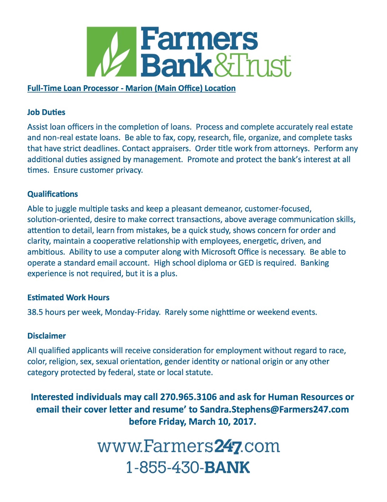 The Press Online Job opening at Farmers Bank