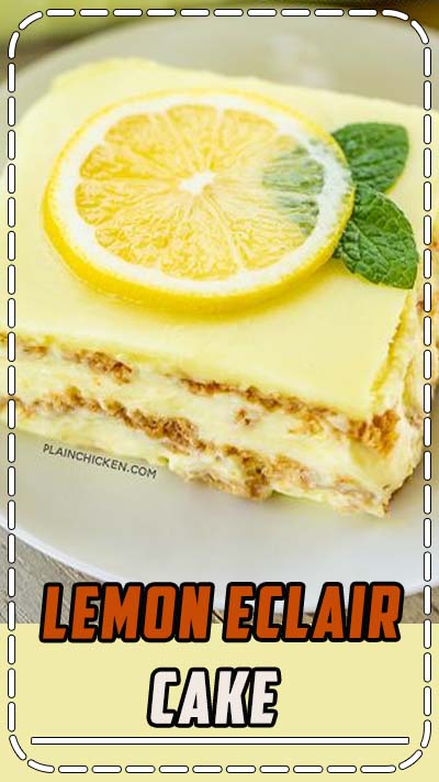 o-Bake Lemon Eclair Cake Recipe - lemon pudding, cool whip and graham crackers layered and topped with lemon frosting. It gets better the longer it sits in the fridge - it is just SO hard to wait to eat it. SOOO good. People go nuts over this easy dessert recipe! Great for parties and potlucks. There are NEVER any leftovers! #nobakedessert #dessert #lemon #nobake