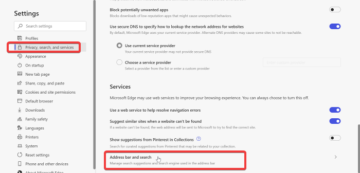 impostazioni di Microsoft Edge per disattivare i suggerimenti della barra degli indirizzi