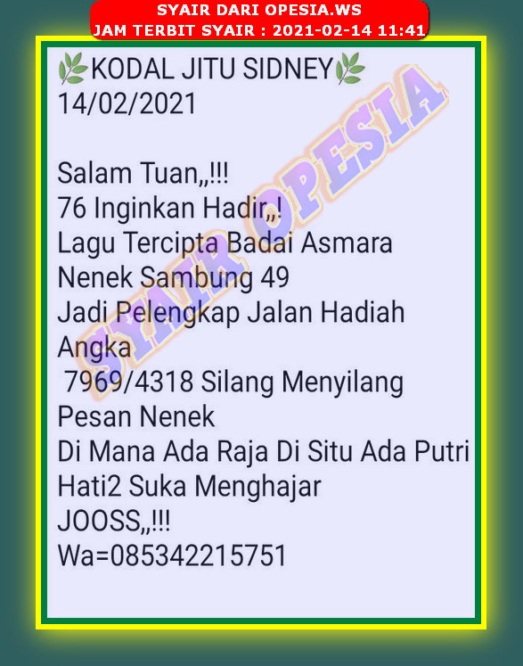 Kode Syair Sydney Minggu 14 Februari 2021 Kumpulan Syair Toto