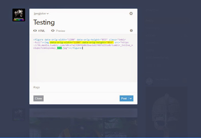 Tumblr editing the actual HTML code for the image