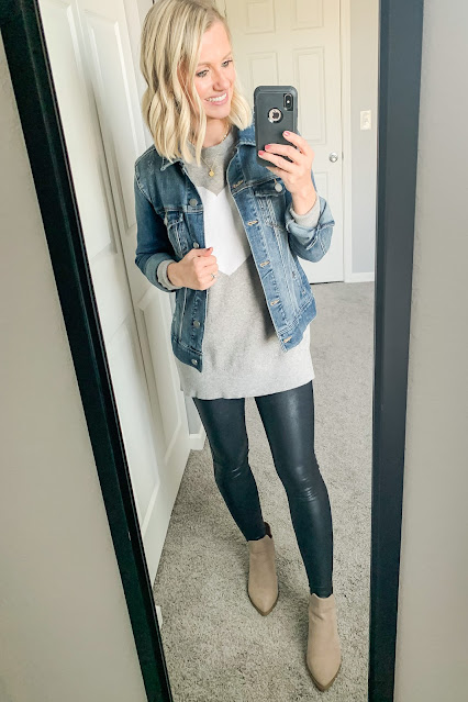 Faux leather leggings with sweater