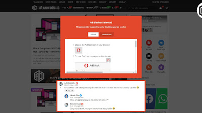 Khung thông báo và chặn người dùng khi sử dụng AdBlock - Tiện ích chặn quảng cáo trên blog/website