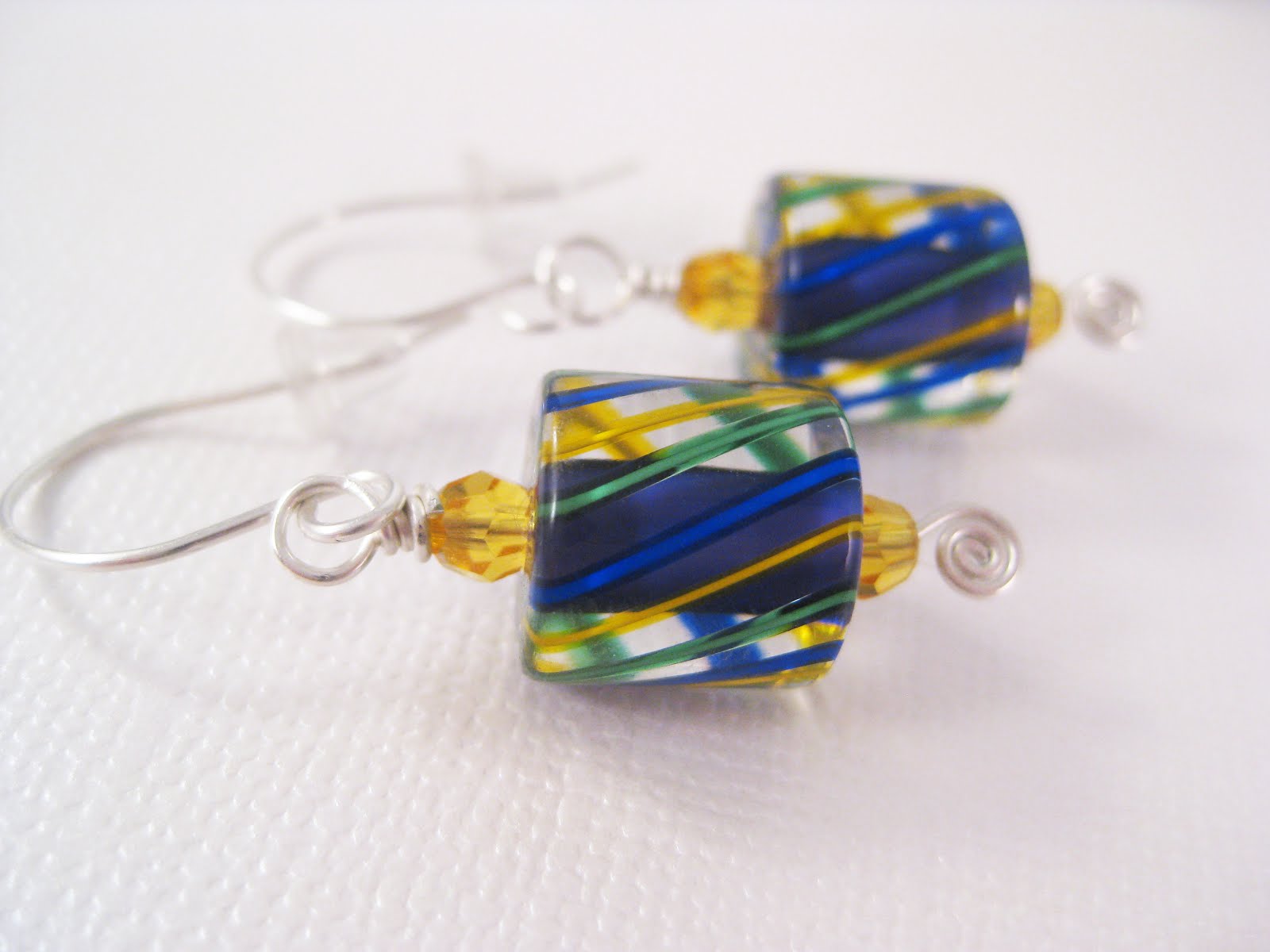 Blue/Yellow/Green Cane Glass Silver Wire Wrapped Earrings