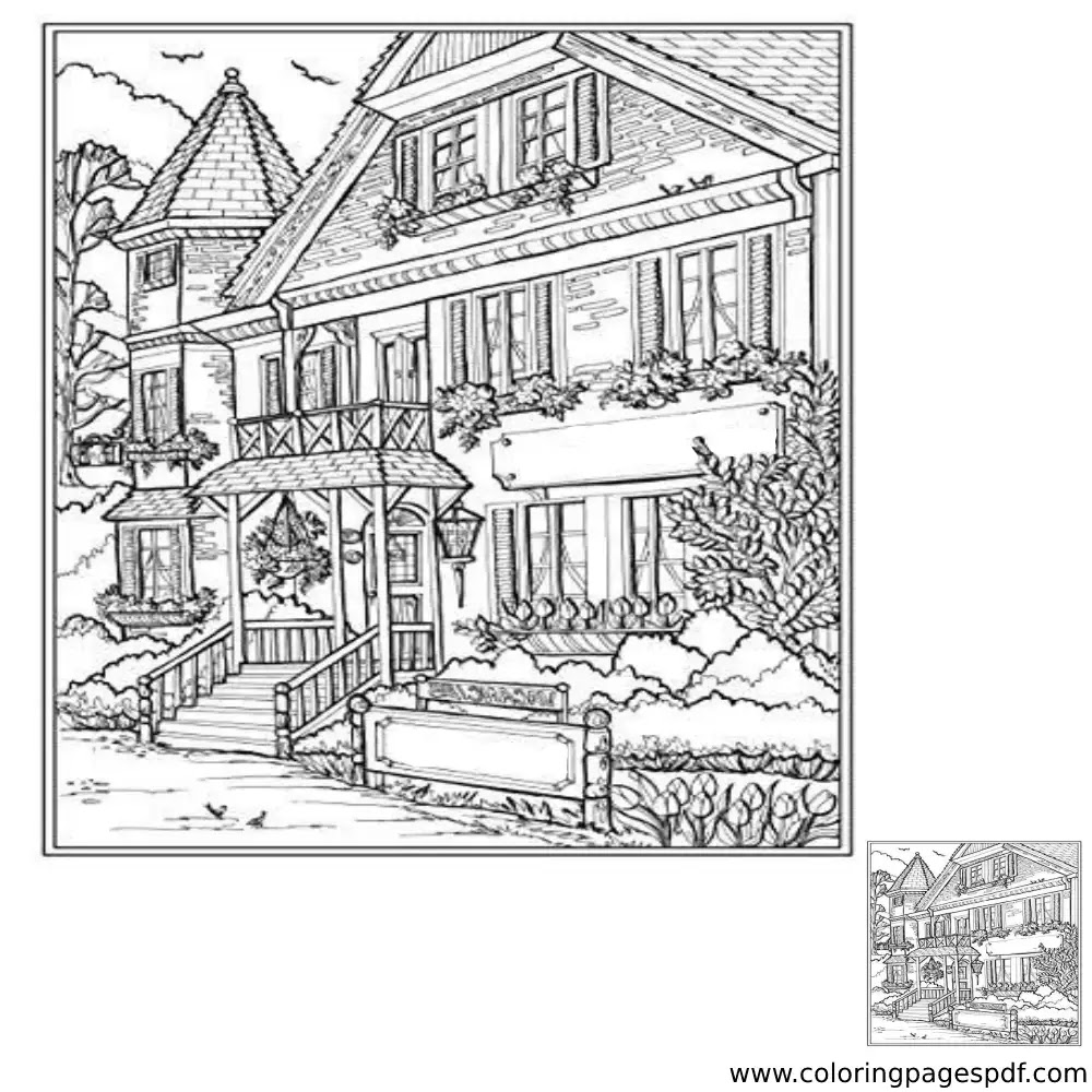 Coloring Page Of A Detailed Beautiful House
