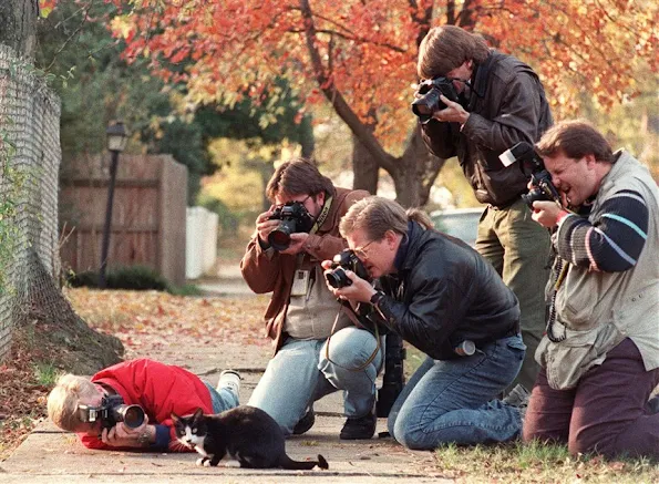 Press photographers surround Socks, the Clinton family cat, in Little Rock, Ark., in 1992