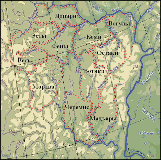 Карта поселений древних финно-угров в Центральной России