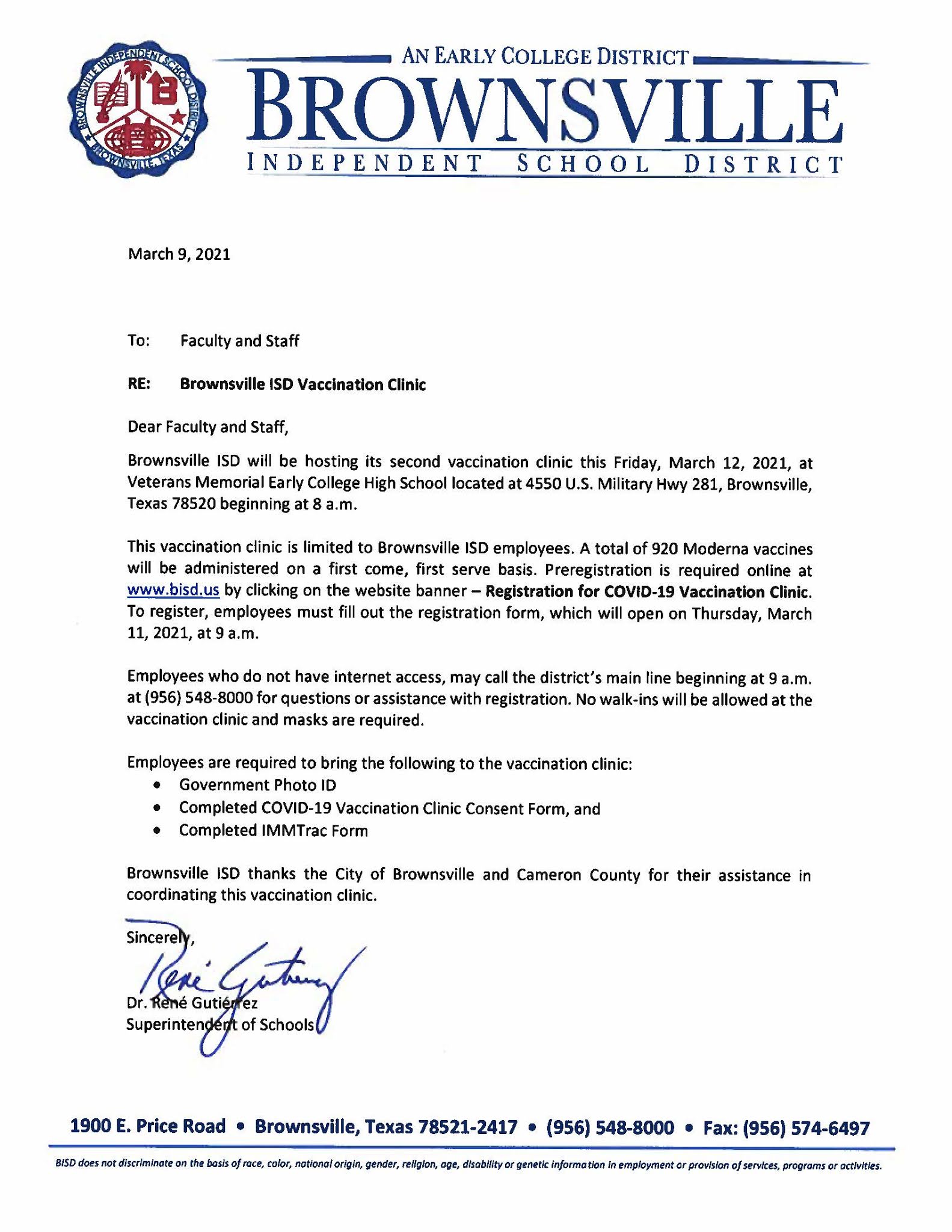 Brownville ISD Headlines: Brownsville ISD to host Second Vaccination