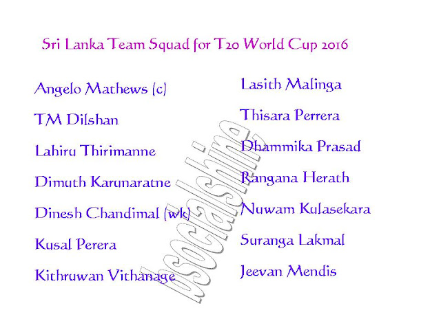 Sri Lanka Team Squad for T20 World Cup 2016,2016 ICC World Twenty20,all teams squad for t20 world cup 2016,player list for t20 world cup,Sri Lanka team player,Sri Lanka 11,player list.,ICC T20 World Cup 2016 Sri Lanka team squad,Sri Lanka team for t20 world cup 2016,confirmed Sri Lanka team squad for t20 world cup 2016,Sri Lanka team squad 2016,final 11 player,Sri Lanka final 11 player for t20 world cup 2016,Sri Lanka player list,team squad ICC T20 World Cup 2016 Sri Lanka Team Squad  Click this link for more detail..    Sri Lanka  Players List : Angelo Mathews (c), TM Dilshan, Lahiru Thirimanne, Dimuth Karunaratne, Dinesh Chandimal (wk), Kusal Perera, Kithruwan Vithanage, Lasith Malinga, Thisara Perrera, Dhammika Prasad, Rangana Herath, Nuwam Kulasekara, Suranga Lakmal, Jeevan Mendis,