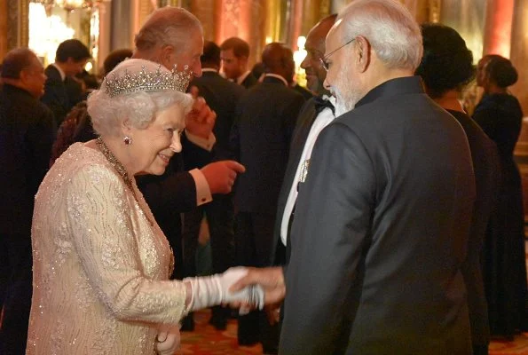 Queen Elizabeth gave a dinner for Commonwealth Heads of Government and their spouses in the Blue Drawing Room at Buckingham Palace